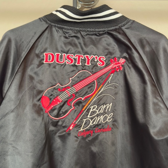 Vintage Black Satin Bomber Jacket Embroidered Dusty’s Barn Dance Gramps - Picture 2 of 12